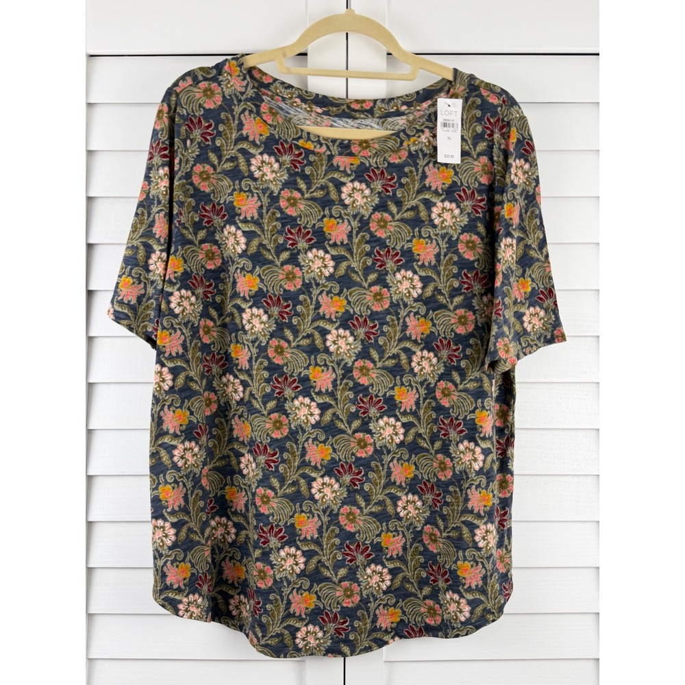 LOFT T-Shirt XL Blue Floral Cotton Vintage Soft Short Sleeve NEW